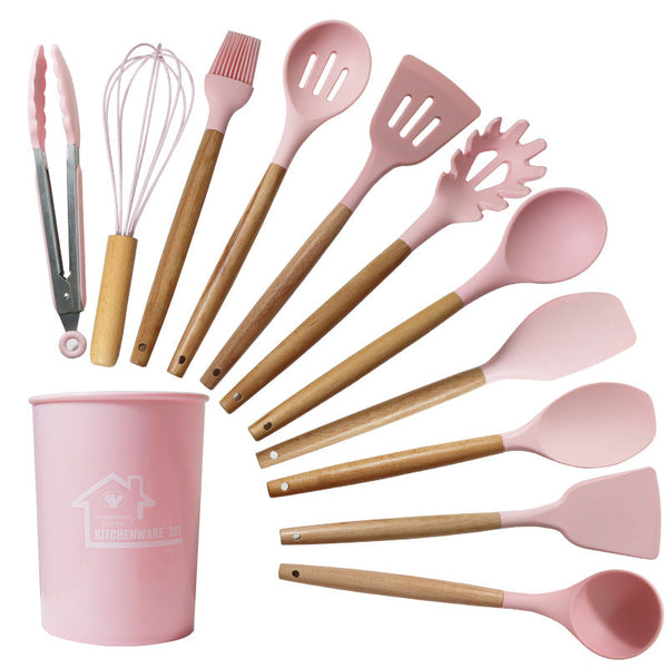 White And Brown 12 Piece Silicone Kitchen Utensil Set Non Stick Food Grade Cooking Tools With Wooden Handles Holder Serving Utensils & Sets
