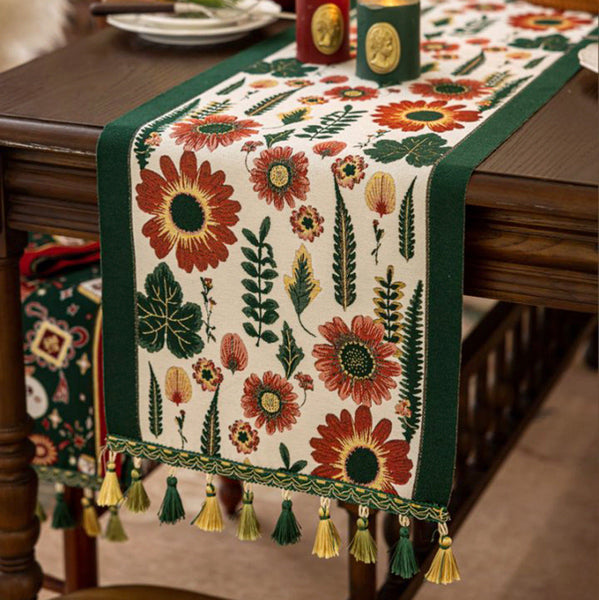 Elosung 35X120cm Green Pastoral Table Runner Spring Floral Oil Painting Style With Tassels Table Runners