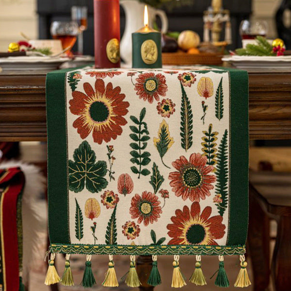 Elosung 35X120cm Green Pastoral Table Runner Spring Floral Oil Painting Style With Tassels Table Runners
