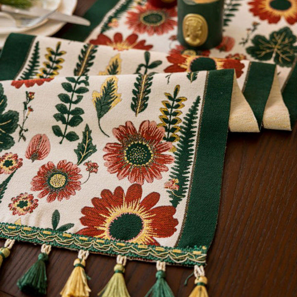 Elosung 35X120cm Green Pastoral Table Runner Spring Floral Oil Painting Style With Tassels Table Runners