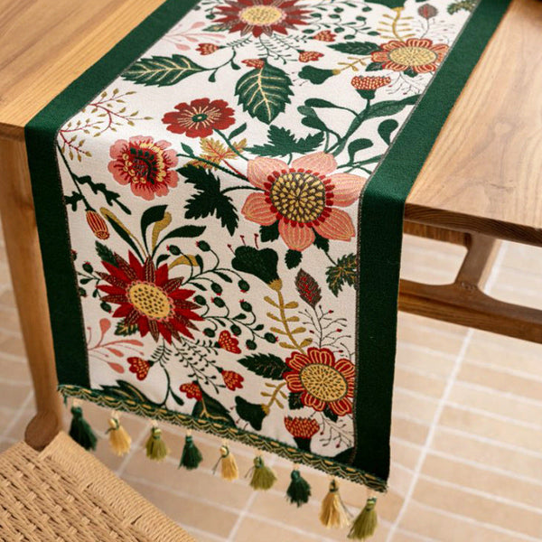 Elosung 35X120cm Green Pastoral Table Runner Spring Floral Oil Painting Style With Tassels Table Runners