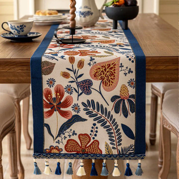 Elosung Blue Pastoral Table Runner Spring Floral Oil Painting Style With Tassels 35X120cm Table Runners