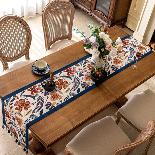 Elosung Blue Pastoral Table Runner Spring Floral Oil Painting Style With Tassels 35X120cm Table Runners