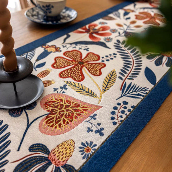 Elosung Blue Pastoral Table Runner Spring Floral Oil Painting Style With Tassels 35X120cm Table Runners