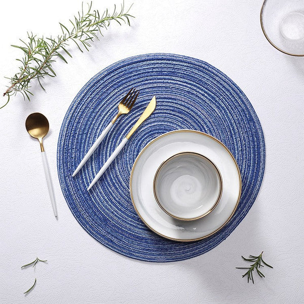 Elosung 8 Pcs Blue Woven Round Placemat Non Slip Heat Resistant Dining Table Mat 30Cm Placemats