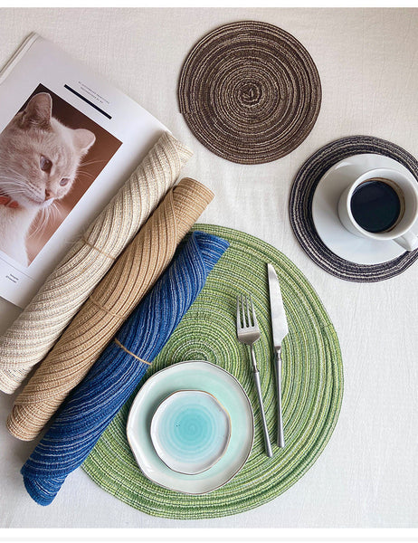 Elosung 8 Pcs Blue Woven Round Placemat Non Slip Heat Resistant Dining Table Mat 36Cm Placemats