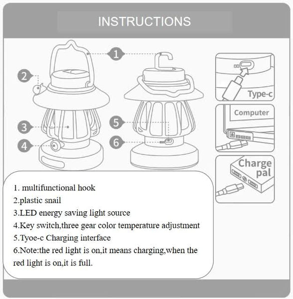 White Retro Snail Night Light Portable Rechargeable Camping Lantern With Hook 3 Color Dimming Night Lights