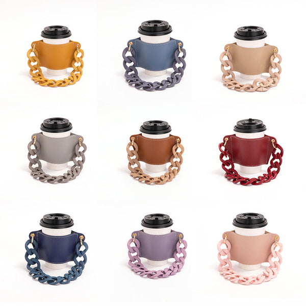 2 Pcs Detachable Chain Coffee Cup Sleeve Pu Leather Insulated Holder With Handle 16Cm Cup Holders