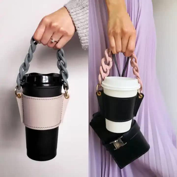 2 Pcs Detachable Chain Coffee Cup Sleeve Pu Leather Insulated Holder With Handle 16Cm Cup Holders