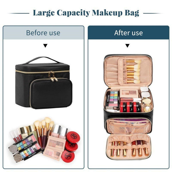 Black Portable Travel Makeup Bag With Brush Compartment Stylish Pu Leather Cosmetic Organizer For Skincare And Toiletry Storage Makeup Bags & Cases