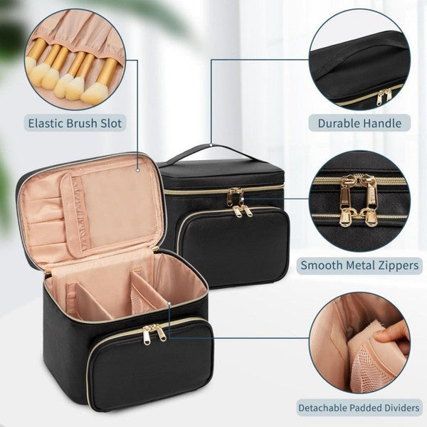 Black Portable Travel Makeup Bag With Brush Compartment Stylish Pu Leather Cosmetic Organizer For Skincare And Toiletry Storage Makeup Bags & Cases