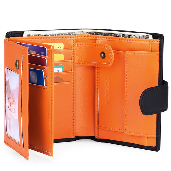 Elosung Black And Orange Men's Short Leather Wallet With Rfid Protection Genuine Cowhide Cardholder Coin Pocket Wallets