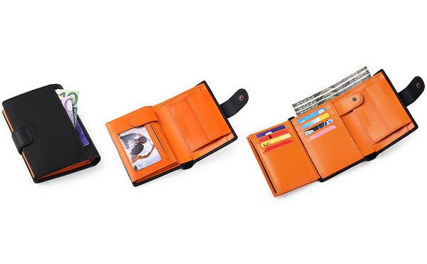Elosung Black And Orange Men's Short Leather Wallet With Rfid Protection Genuine Cowhide Cardholder Coin Pocket Wallets