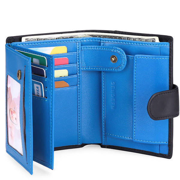 Elosung Black And Blue Men's Short Leather Wallet With Rfid Protection Genuine Cowhide Cardholder Coin Pocket Wallets