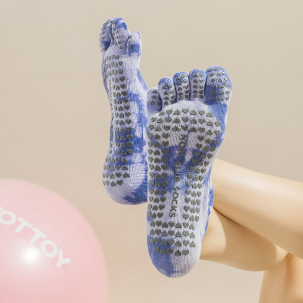 Elosung 2 Pairs Blue Tie Dye Non Slip Yoga For Women Five Toe Cotton Blend Pilates And Indoor Sports Socks