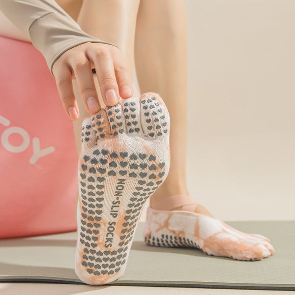 Elosung 2 Pairs Pink Tie Dye Non Slip Yoga For Women Five Toe Cotton Blend Pilates And Indoor Sports Socks