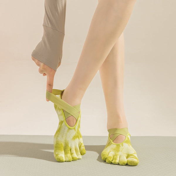 Elosung 2 Pairs Yellow Tie Dye Non Slip Yoga For Women Five Toe Cotton Blend Pilates And Indoor Sports Socks