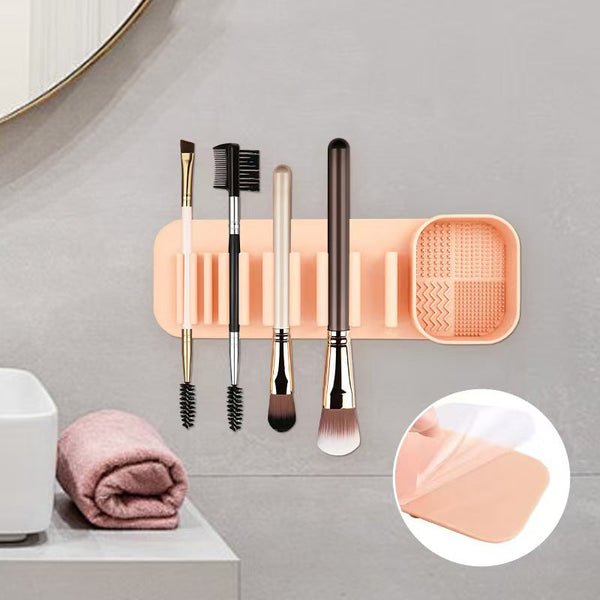 Elosung 3 Pcs Khaki Silicone Makeup Brush Organizer Wall Mounted Cleaning Rack With Texture Brush Cleaners