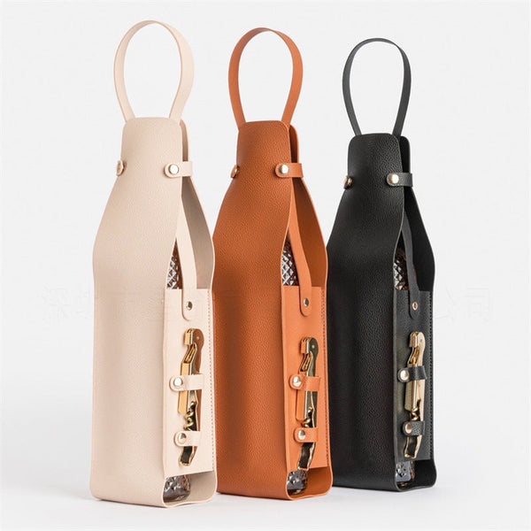 Black Leather Look Single Wine Bottle Carrier Bag With Handle And Side Pocket For Opener(Red Are Props Shooting Not Included) Picnic Baskets & Backpac