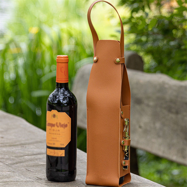 Black Leather Look Single Wine Bottle Carrier Bag With Handle And Side Pocket For Opener(Red Are Props Shooting Not Included) Picnic Baskets & Backpac