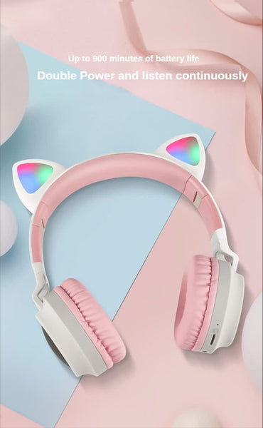 Pink Cat Ear Bluetooth With Led Lights Wireless Foldable Headphones