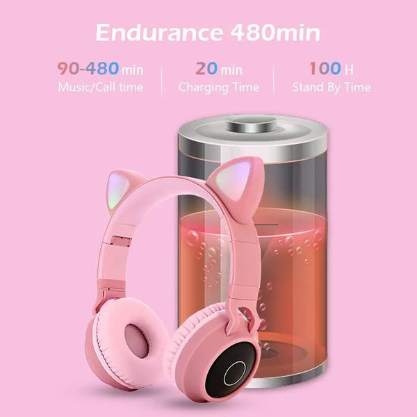 Pink Cat Ear Bluetooth With Led Lights Wireless Foldable Headphones
