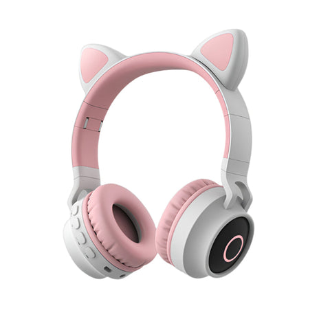 Elosung Light Grey And Pink Cat Ear Bluetooth With Led Lights Wireless Foldable Headphones