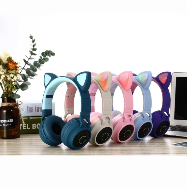 Elosung Light Grey And Pink Cat Ear Bluetooth With Led Lights Wireless Foldable Headphones