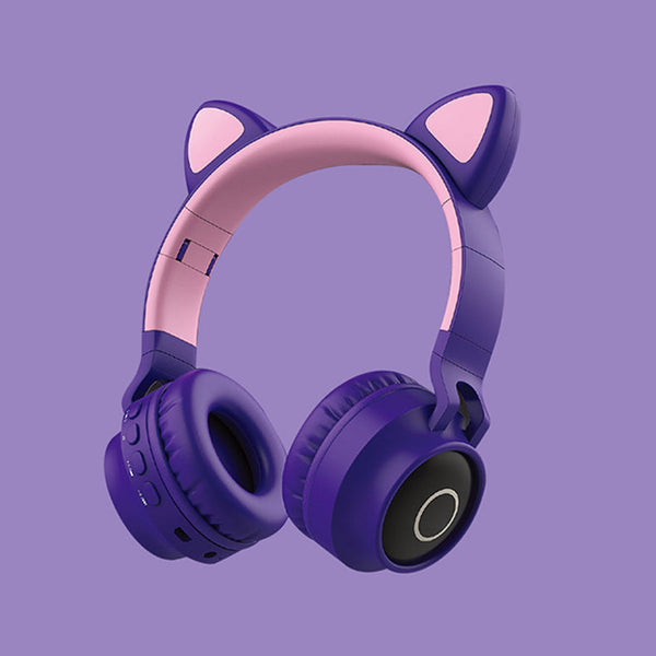 Purple And Pink Cat Ear Bluetooth With Led Lights Wireless Foldable Headphones