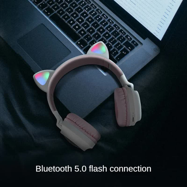 Purple And Pink Cat Ear Bluetooth With Led Lights Wireless Foldable Headphones