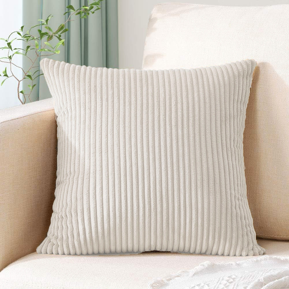 Beige Plush Striped Pillow Covers 45X45cm Set Of Corduroy Style Cushion With Invisible Zipper Soft And Washable For Sofa Decor Cushion Covers