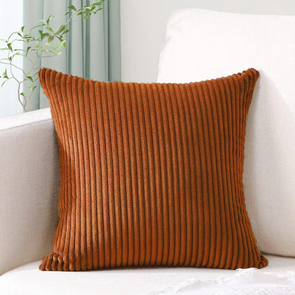 Brick Red Plush Striped Pillow Covers 45X45cm Set Of Corduroy Style Cushion With Invisible Zipper Soft And Washable For Sofa Decor Cushion Covers