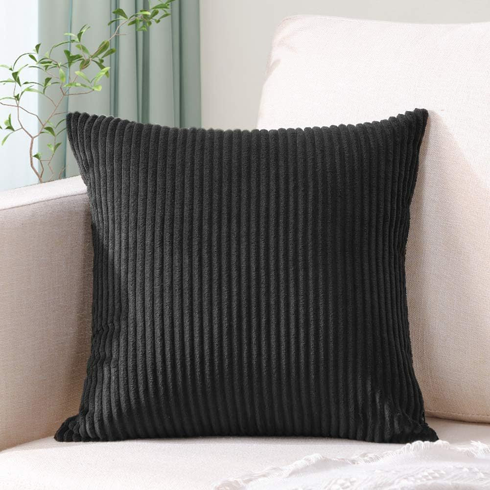 Black Plush Striped Pillow Covers 45X45cm Set Of Corduroy Style Cushion With Invisible Zipper Soft And Washable For Sofa Decor Cushion Covers