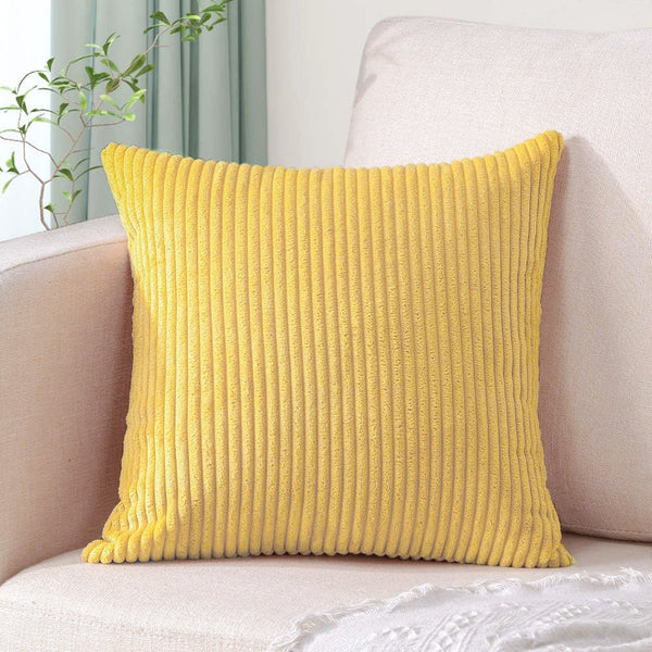 Bright Yellow Plush Striped Pillow Covers 45X45cm Set Of Corduroy Style Cushion With Invisible Zipper Soft And Washable For Sofa Decor Cushion Covers