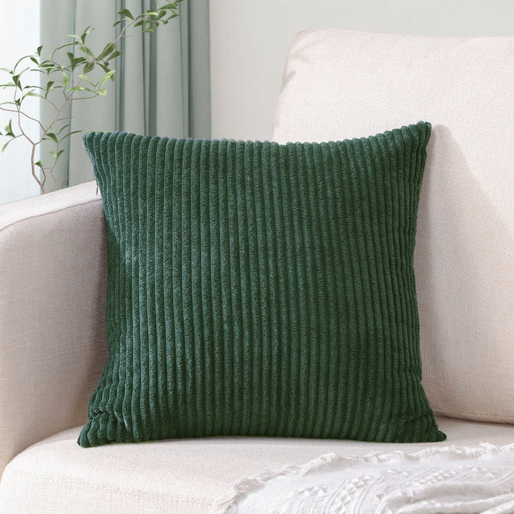 Dark Green Plush Striped Pillow Covers 45X45cm Set Of Corduroy Style Cushion Cushion Covers