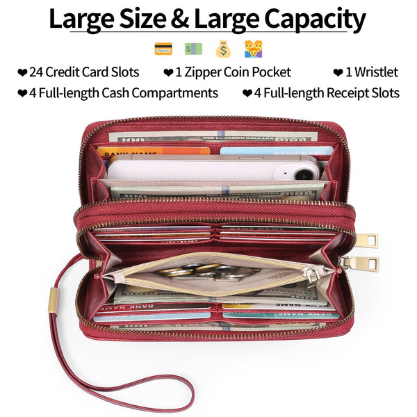 Blue Double Zipper Women's Wallet Large Capacity Clutch Organizer With Wristlet Strap Wallets