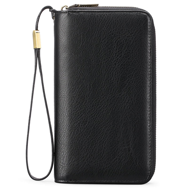 Black Double Zipper Women's Wallet Large Capacity Clutch Organizer With Wristlet Strap Wallets