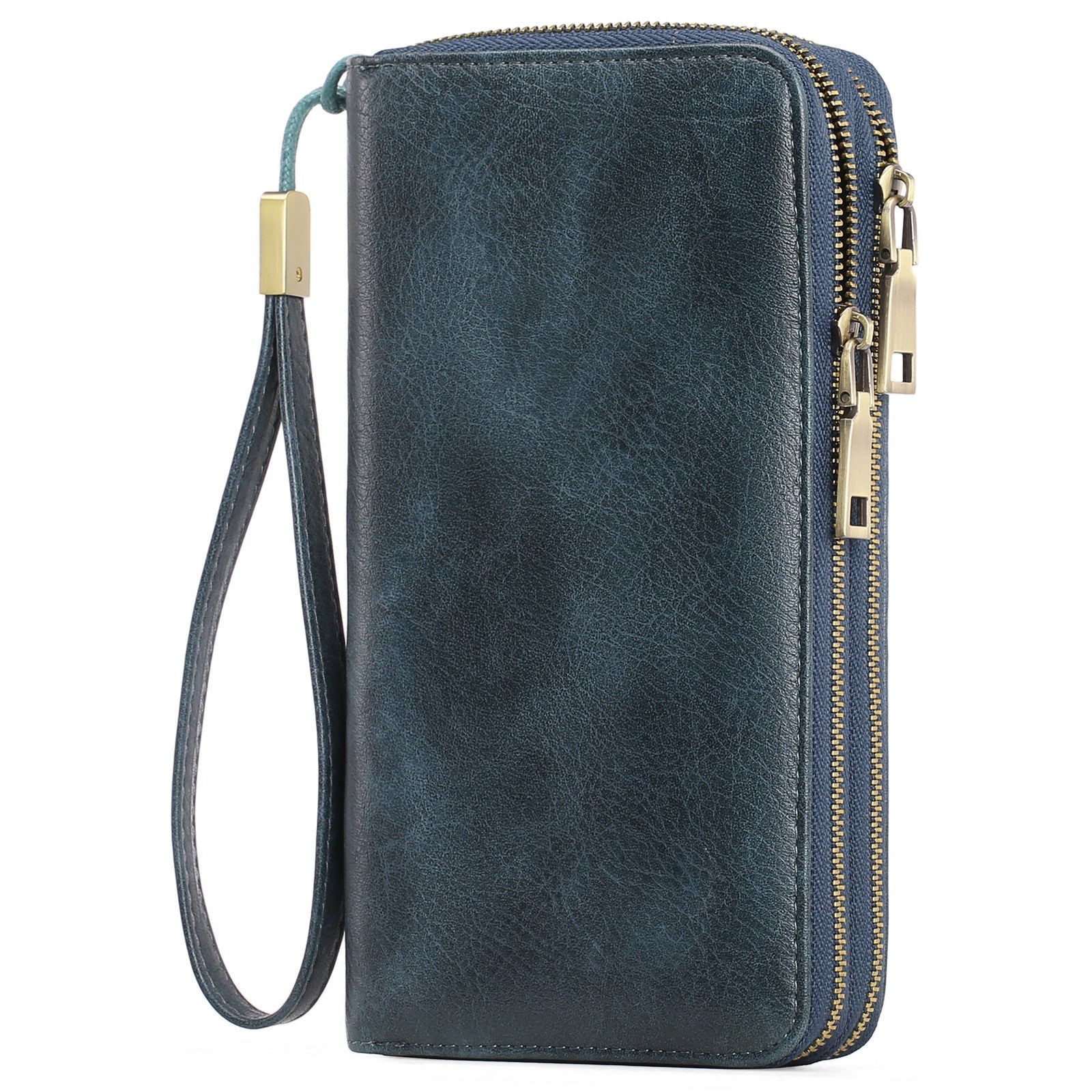 Dark Blue Double Zipper Women's Wallet Large Capacity Clutch Organizer With Wristlet Strap Wallets