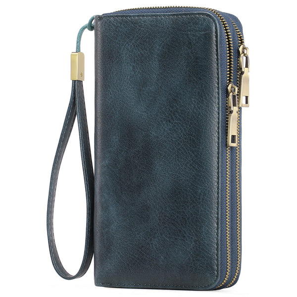 Dark Blue Double Zipper Women's Wallet Large Capacity Clutch Organizer With Wristlet Strap Wallets