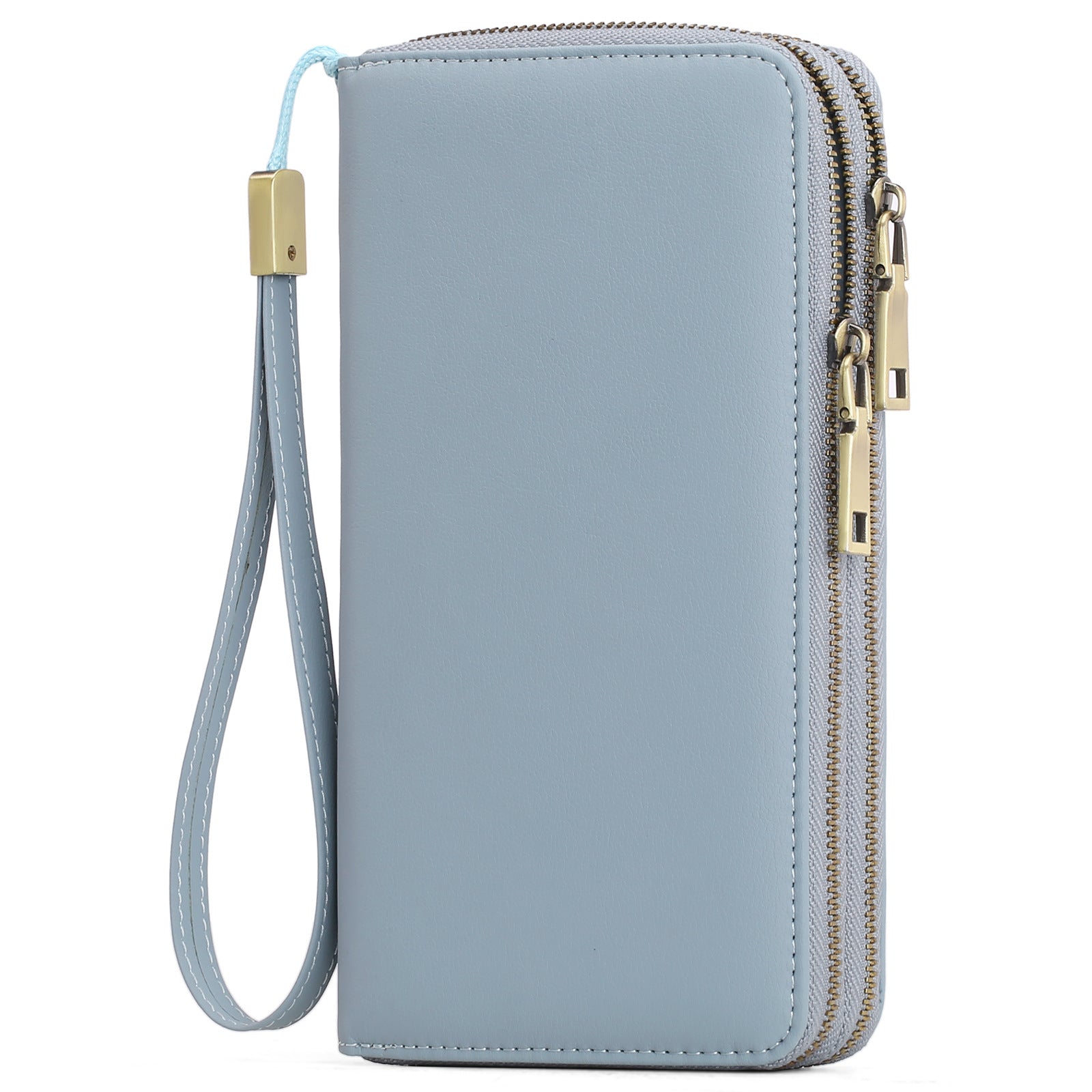 Light Blue Double Zipper Women's Wallet Large Capacity Clutch Organizer With Wristlet Strap Wallets