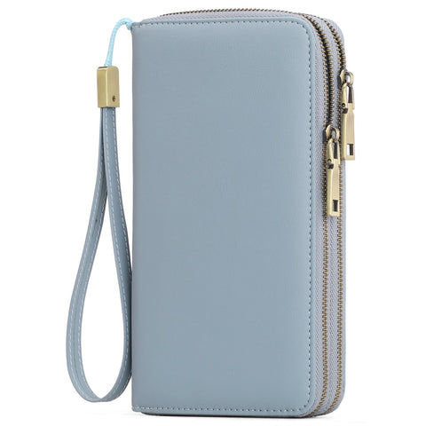 Light Blue Double Zipper Women's Wallet Large Capacity Clutch Organizer With Wristlet Strap Wallets