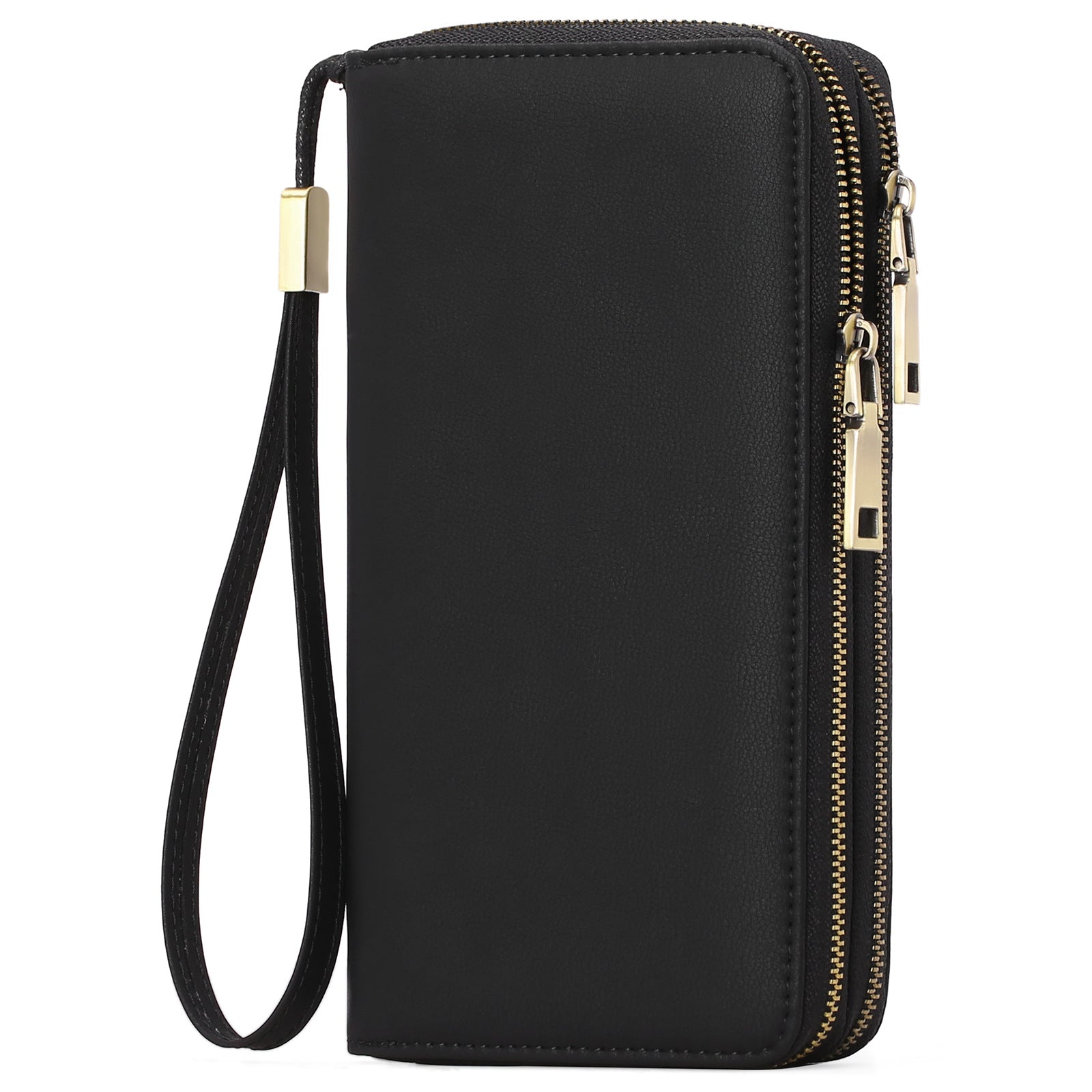 Black Double Zipper Women's Wallet Large Capacity Clutch Organizer With Wristlet Strap Wallets