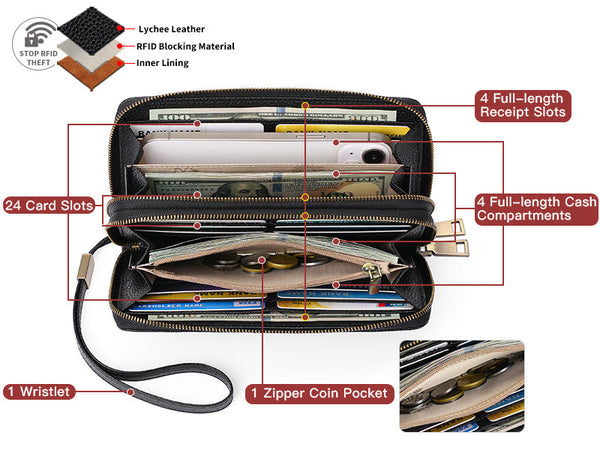 Black Double Zipper Women's Wallet Large Capacity Clutch Organizer With Wristlet Strap Wallets