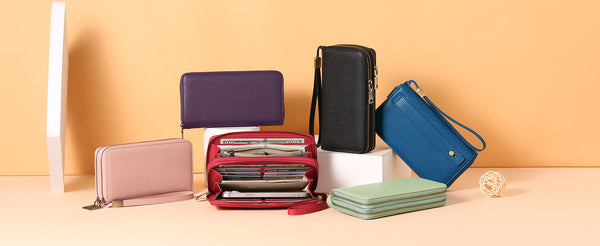 Purple Double Zipper Women's Wallet Large Capacity Clutch Organizer With Wristlet Strap Wallets