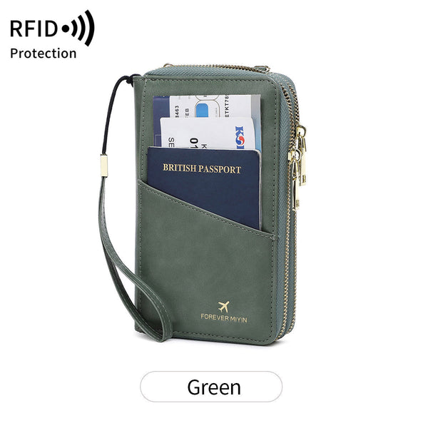 Green Rfid Blocking Passport Wallet Multi Function Travel Organizer With Double Zipper And Crossbody Strap Wallets