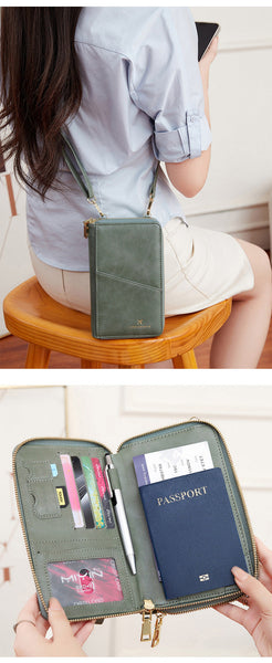 Green Rfid Blocking Passport Wallet Multi Function Travel Organizer With Double Zipper And Crossbody Strap Wallets