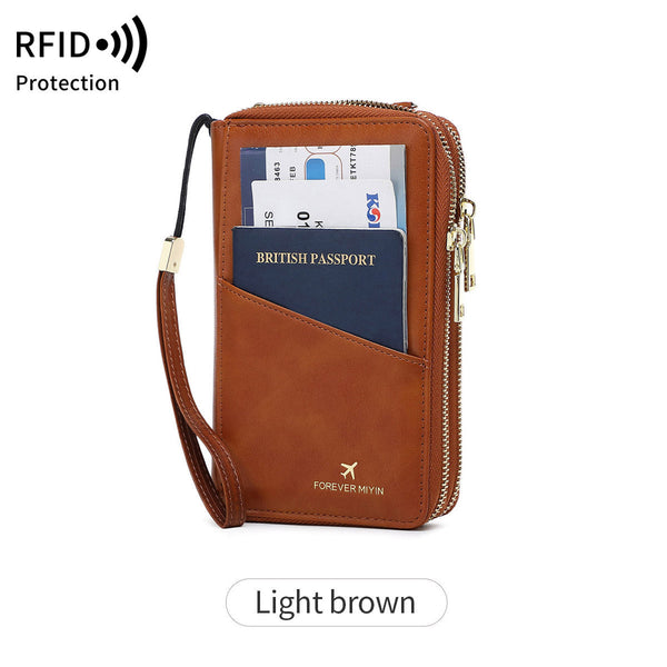 Light Brown Rfid Blocking Passport Wallet Multi Function Travel Organizer With Double Zipper And Crossbody Strap Wallets