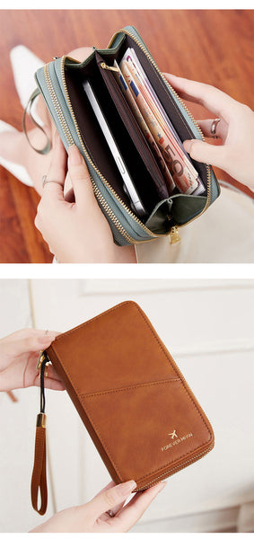 Light Brown Rfid Blocking Passport Wallet Multi Function Travel Organizer With Double Zipper And Crossbody Strap Wallets