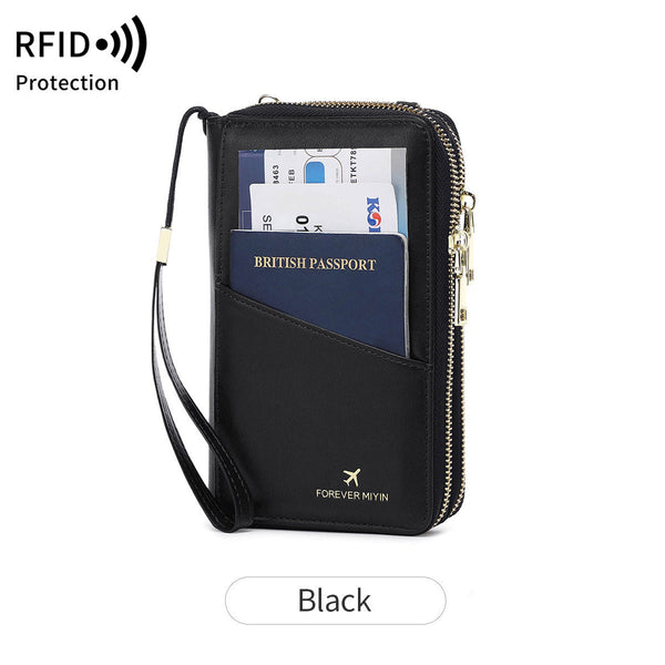 Black Rfid Blocking Passport Wallet Multi Function Travel Organizer With Double Zipper And Crossbody Strap Wallets