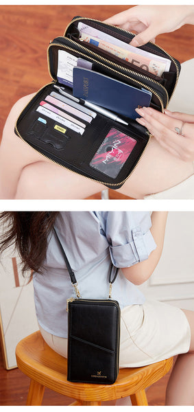 Black Rfid Blocking Passport Wallet Multi Function Travel Organizer With Double Zipper And Crossbody Strap Wallets